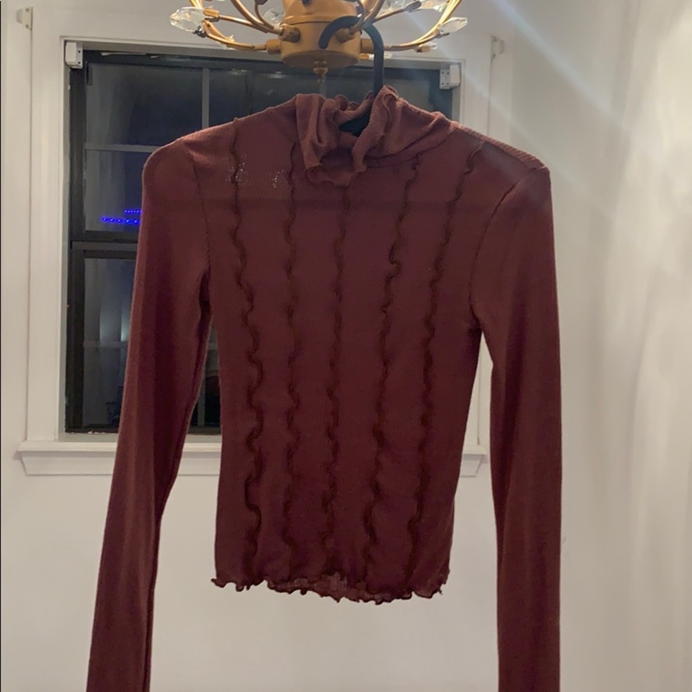 brown ruffle turtleneck shirt